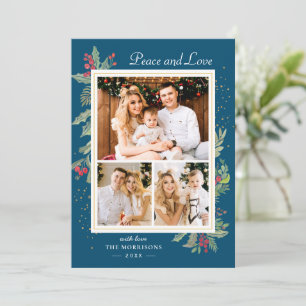 Winter Blue Peace and Love Holly Berries 3 Photo Holiday Card