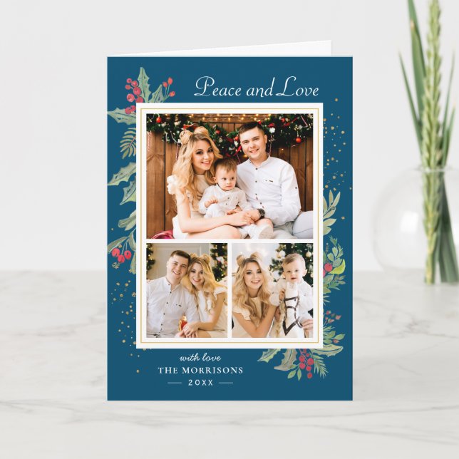 Winter Blue Peace and Love Holly Berries 3 Photo Holiday Card (Front)