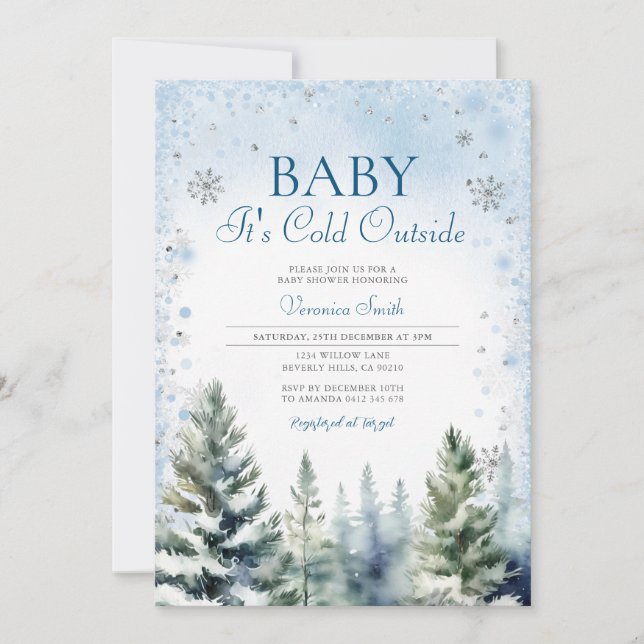 Winter Blue Pine Tree Baby Shower Snowflakes Invitation (Front)