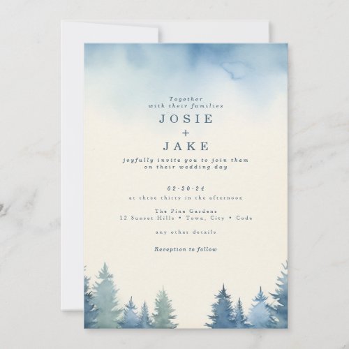 Winter blue pine trees green wedding invitation