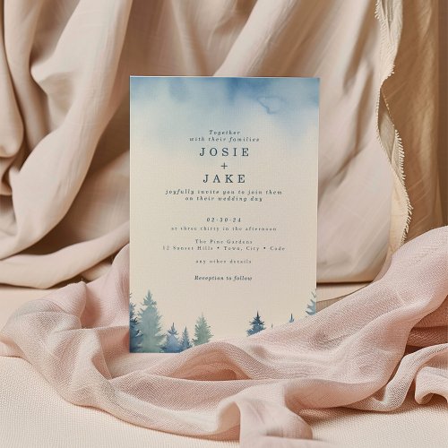 Winter blue pine trees green wedding invitation