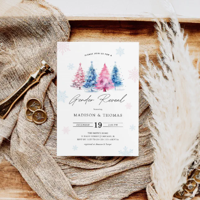 Winter Blue Pink Christmas Tree Gender Reveal Invitation Zazzle