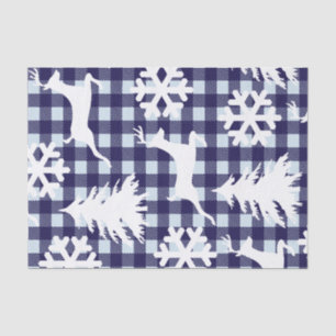 Winter Blue Plaid White Deer Snowflakes & Trees Tissue Paper