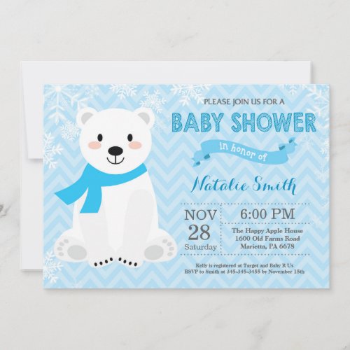 Winter Blue Polar Bear Boy Baby Shower Invitation