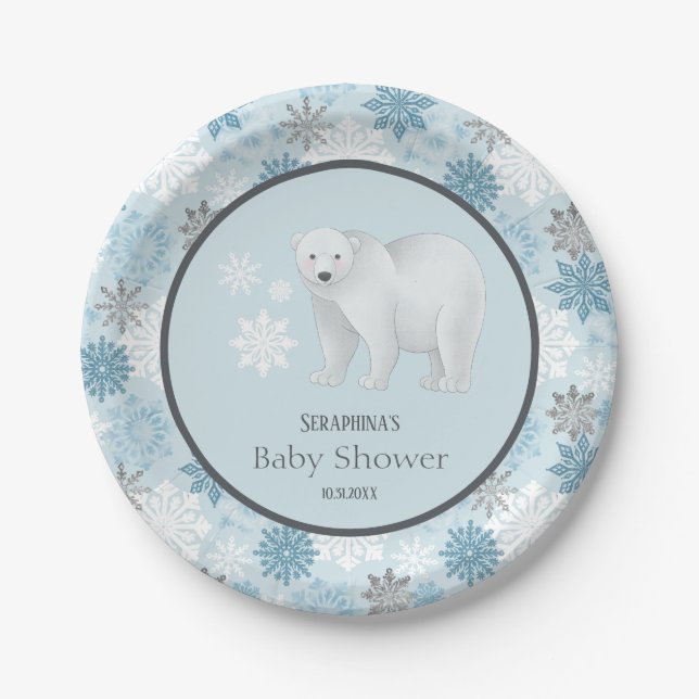 Winter Blue Polar Bear Snowflake Baby Shower Paper Plates (Front)