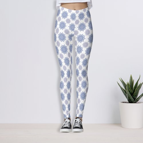 Winter Blue Purple White Drawn Mandala Pattern Leggings