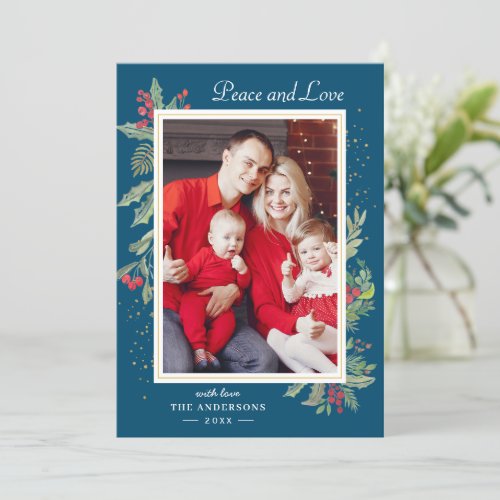 Winter Blue Red Holly Berries Christmas Photo Holiday Card