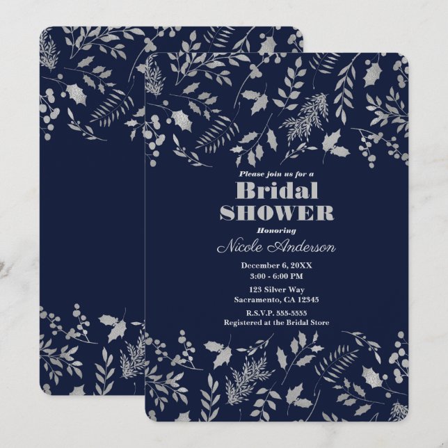 Winter Blue Silver Leaves Botanical Bridal Shower Invitation (Front/Back)