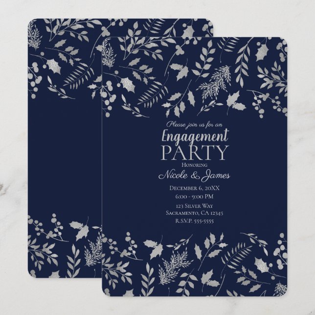 Winter Blue & Silver Leaves Botanical Engagement Invitation (Front/Back)