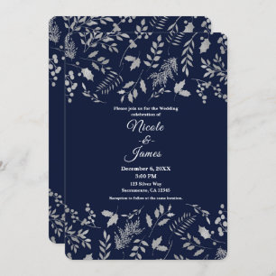 Winter Blue & Silver Leaves Botanical Wedding Invitation