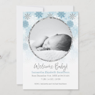 Winter Blue & Silver Snowflake Baby Birth Announce Announcement
