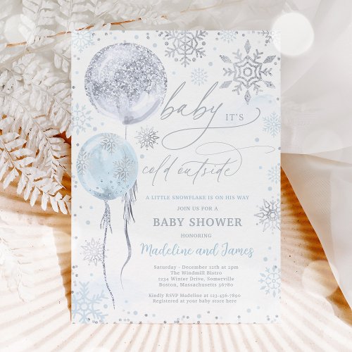 Winter Blue  Silver Snowflake Baby Shower Invitation