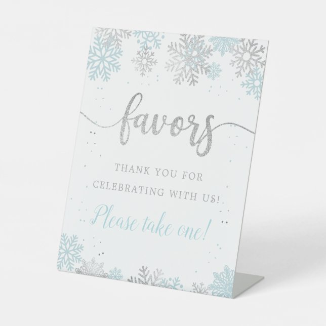 Winter Blue Silver Snowflake Favors Please Take 1 Pedestal Sign (Front)