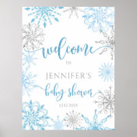 Winter blue silver snowflakes baby shower Welcome  Poster