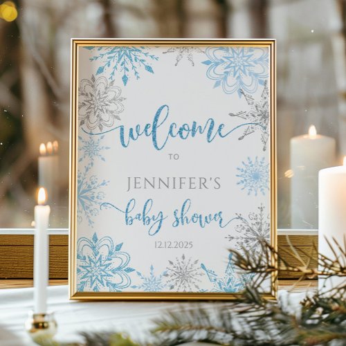 Winter blue silver snowflakes baby shower Welcome Poster