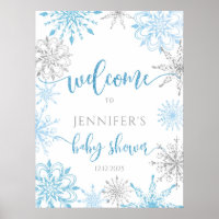 Winter blue silver snowflakes baby shower Welcome Poster