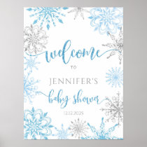 Winter blue silver snowflakes baby shower Welcome Poster