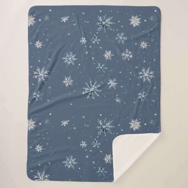 Winter Blue Silver Snowflakes Christmas Sherpa Blanket (Front)