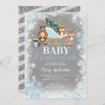 Winter Blue Silver Snowflakes Woodland Baby shower Invitation