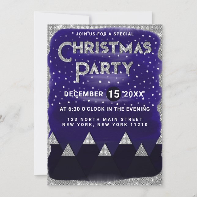 Winter Blue Silver Snowy Mountains Christmas Party Invitation (Front)
