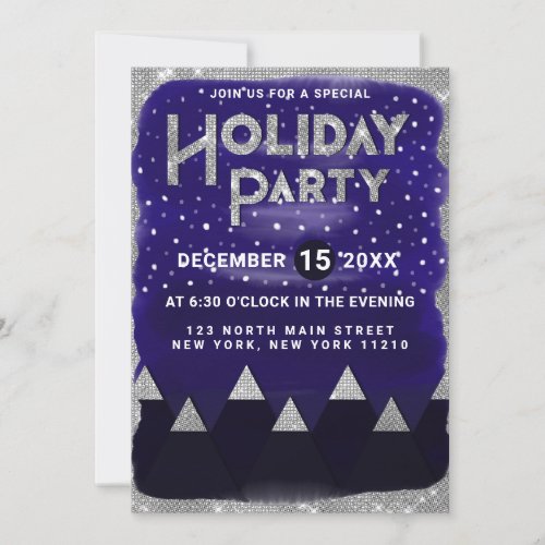 Winter Blue Silver Snowy Mountains Holiday Party Invitation