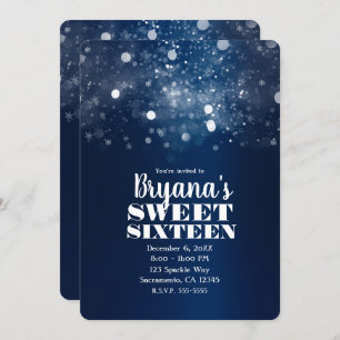 Winter Blue Silver Sparkling Lights Sweet 16 Party Invitation