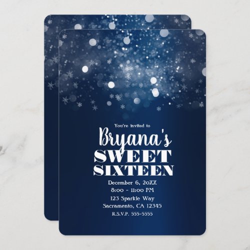 Winter Blue Silver Sparkling Lights Sweet 16 Party Invitation