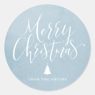 Winter Blue Simple Calligraphy Merry Christmas Classic Round Sticker