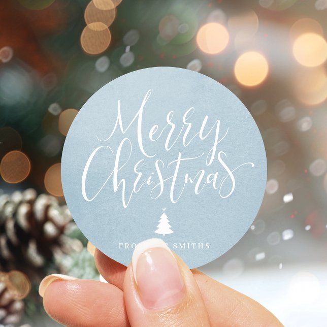 Winter Blue Simple Calligraphy Merry Christmas Classic Round Sticker (Winter Blue Simple Calligraphy Merry Christmas Classic Round Sticker)