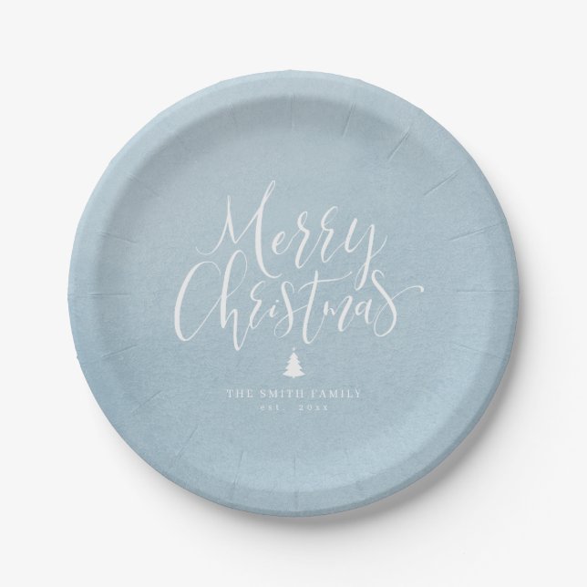 Winter Blue Simple Calligraphy Merry Christmas Paper Plates (Front)