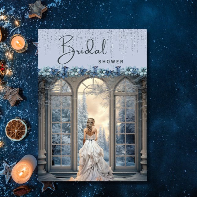 Winter Blue Snow Floral Elegant Bridal Shower Invitation (Creator Uploaded)