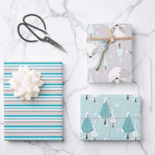 Winter blue snow fox forest Christmas present Wrapping Paper Sheets