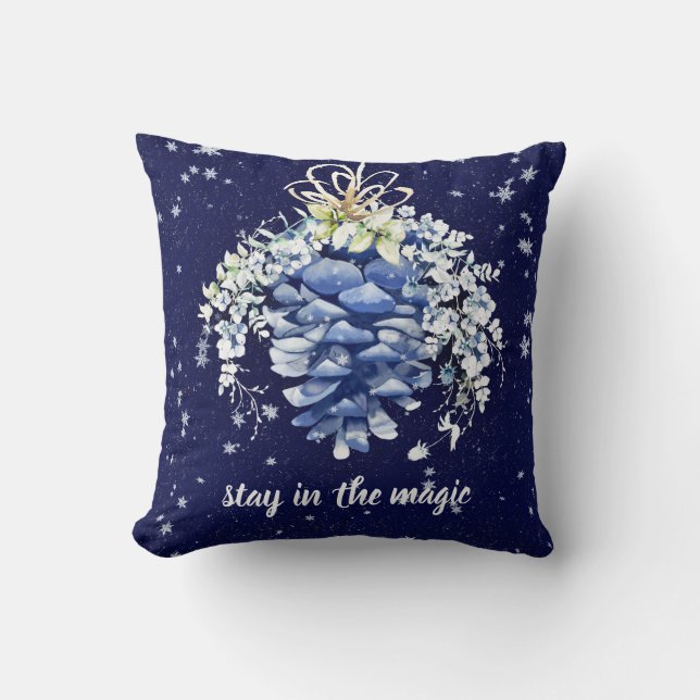 Winter Blue Snow Pinecone Throw Pillow (Front)