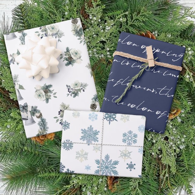 Winter Blue Snowflake Floral Christmas Wrapping Paper Sheets (Creator Uploaded)