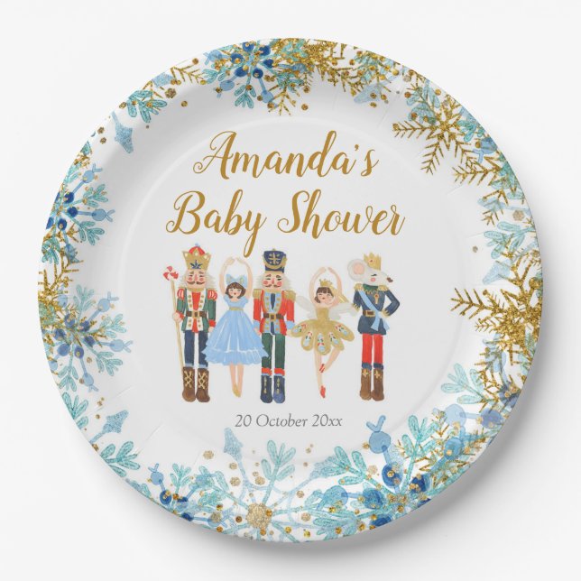 Winter Blue Snowflake Nutcracker Paper Party Plate (Front)