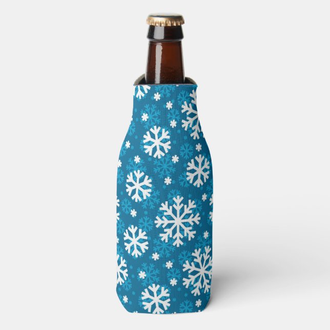 Winter Blue Snowflake Pattern Bottle Cooler (Bottle Front)