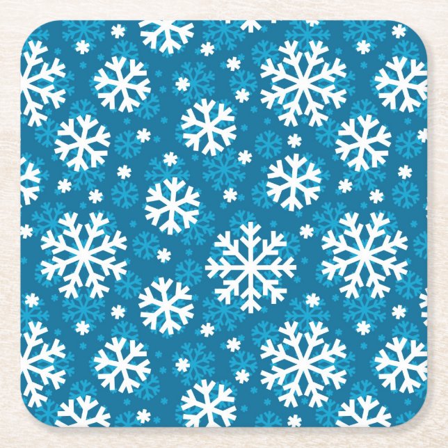 Winter Blue Snowflake Pattern Square Paper Coaster (Front)