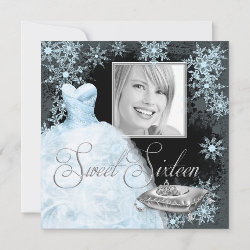 Winter Blue Snowflake Photo Sweet Sixteen Party Personalized Invitation