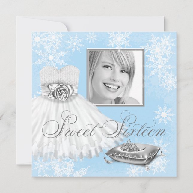 Winter Blue Snowflake Photo Sweet Sixteen Party Invitation (Front)