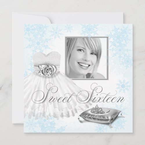 Winter Blue Snowflake Photo Sweet Sixteen Party Invites