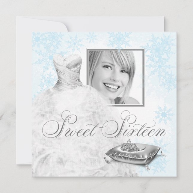 Winter Blue Snowflake Photo Sweet Sixteen Party Invitation (Front)