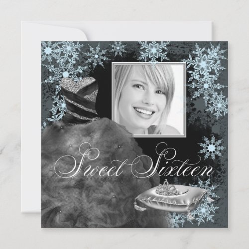 Winter Blue Snowflake Photo Sweet Sixteen Party Personalized Invite