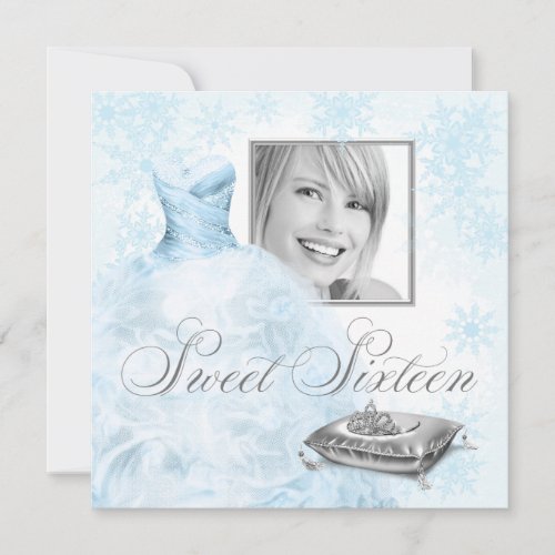 Winter Blue Snowflake Photo Sweet Sixteen Party Personalized Invites