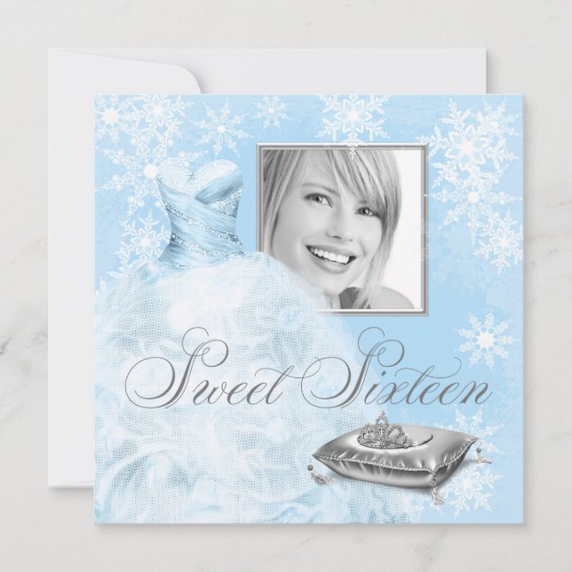 Winter Blue Snowflake Photo Sweet Sixteen Party Invitation (Front)
