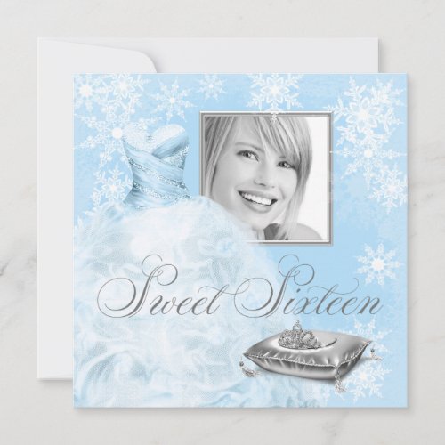 Winter Blue Snowflake Photo Sweet Sixteen Party Invitation