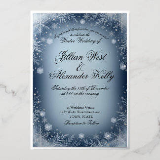 Winter Blue Snowflake Silver Wedding Invitation Foil Invitation