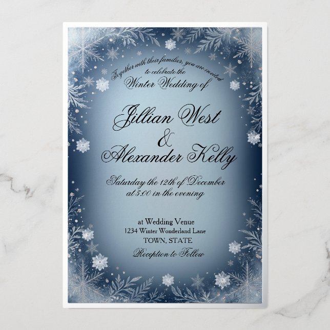 Winter Blue Snowflake Silver Wedding Invitation Foil Invitation (Front)