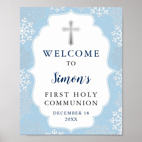 Winter Blue Snowflakes Boy First Holy Communion Poster
