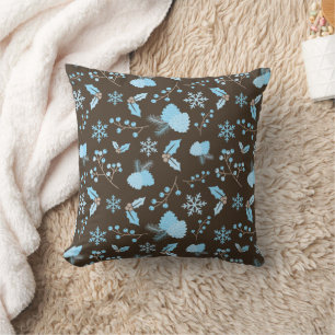 Winter Blue Snowflakes Mistletoe Pinecone Brown  Throw Pillow