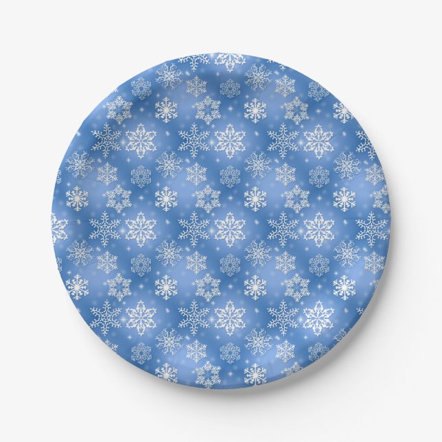 Winter Blue Snowflakes Paper Plates (Front)